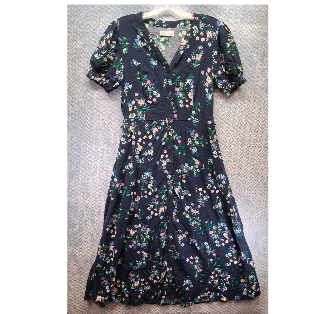 Croft & Barrow Navy Floral Button Front Puff Sleeve Midi Dress XS Country Core